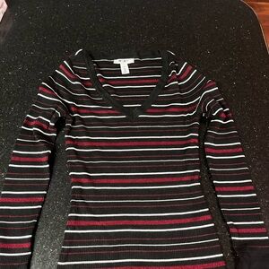 WHBM Women's Striped V-Neck Sweater - Black and Red